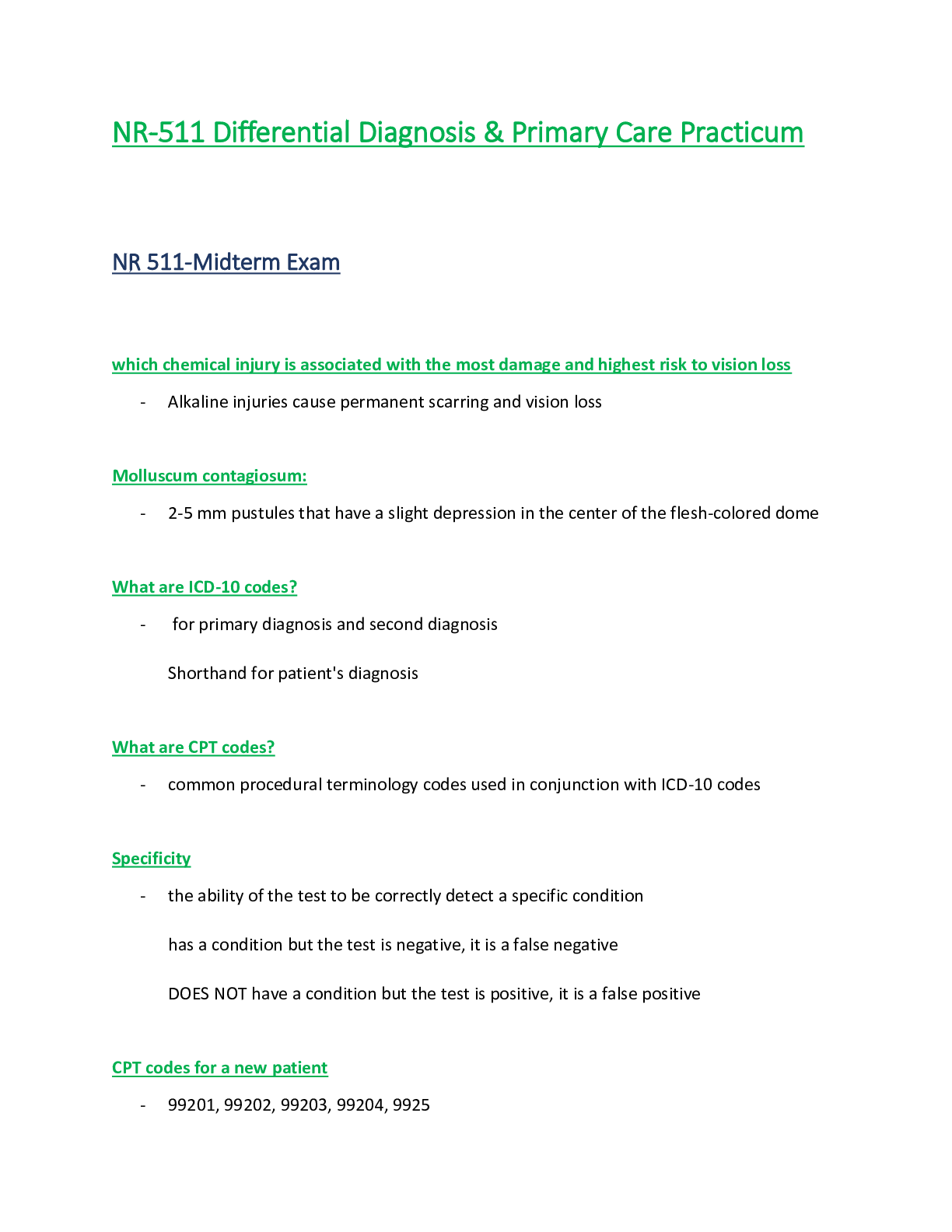 Preview of NR511 / NR 511 Midterm Exam  : Differential Diagnosis & Primary Care Practicum - Chamberla